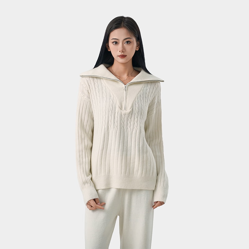 拉链翻领毛衣+针织长裤