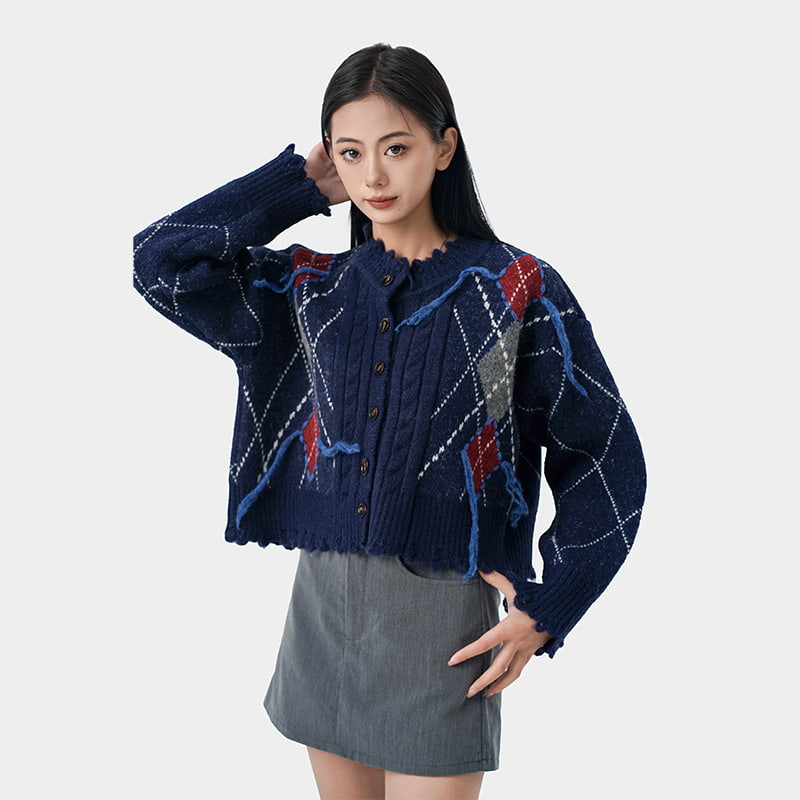 撞色菱格厚款开衫